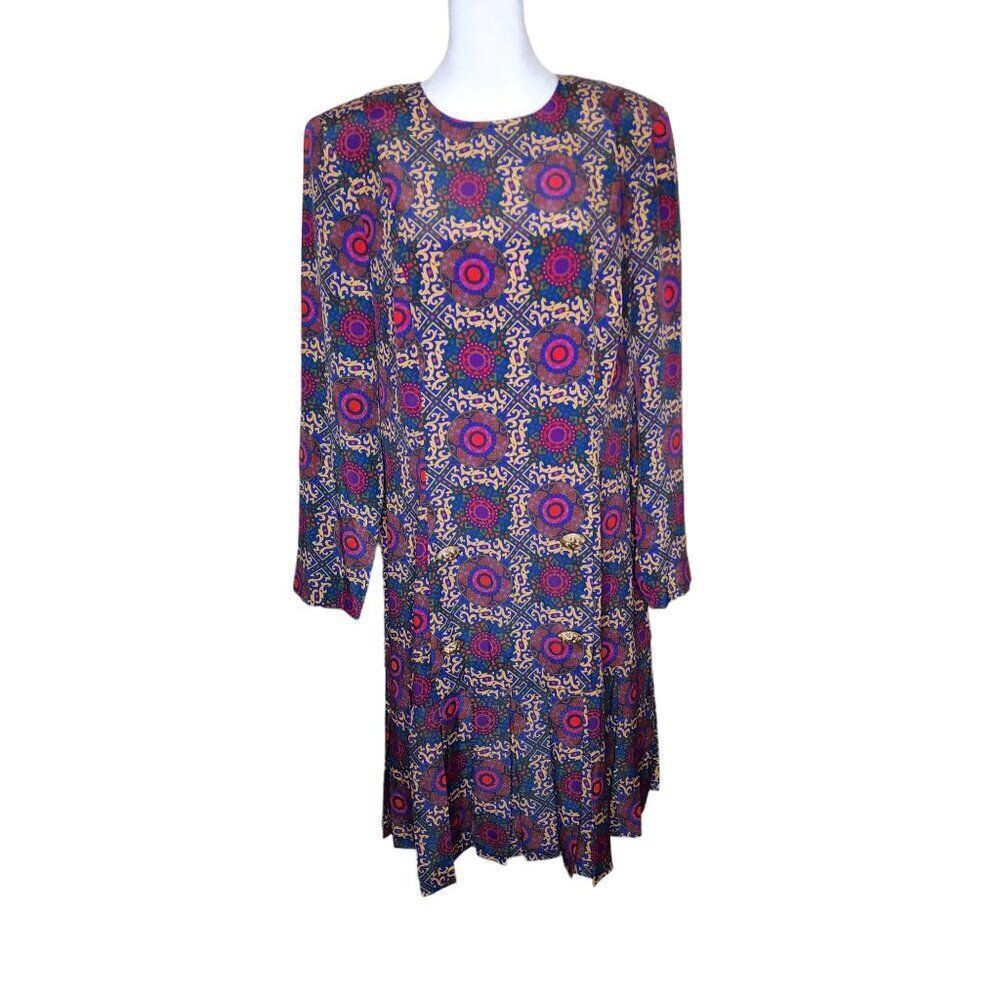 Vintage 80s Leslie Fay Drop Waist Pleated Dress Womens Size 12 Purple Office